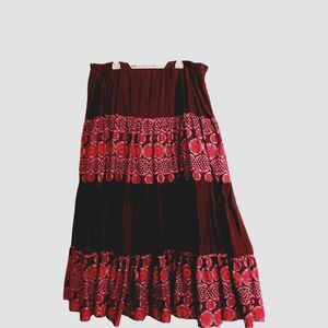 Field Gear Women's Brown with Red & Pink design Sz 16 lined cotton maxi. Boho